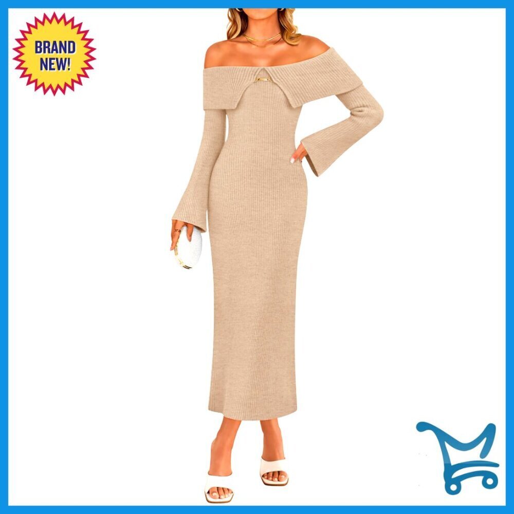 Off Shoulder Sweater Dress Bodycon Maxi Ribbed Knit Formal Chic Fall